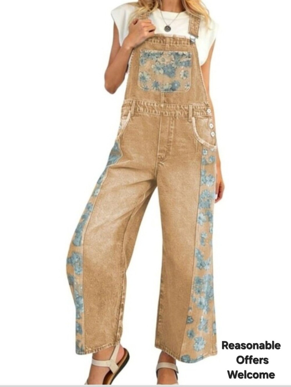 Khaki Denim Wide Leg Overalls W/ Blue Floral Panels. Multiple Sizes Available